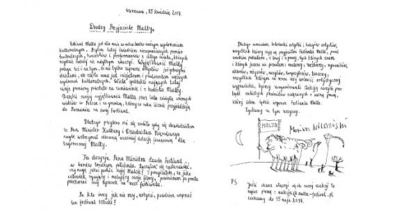 list Mariusza Wilczyńskiego do Przyjaciół festiwalu Malta